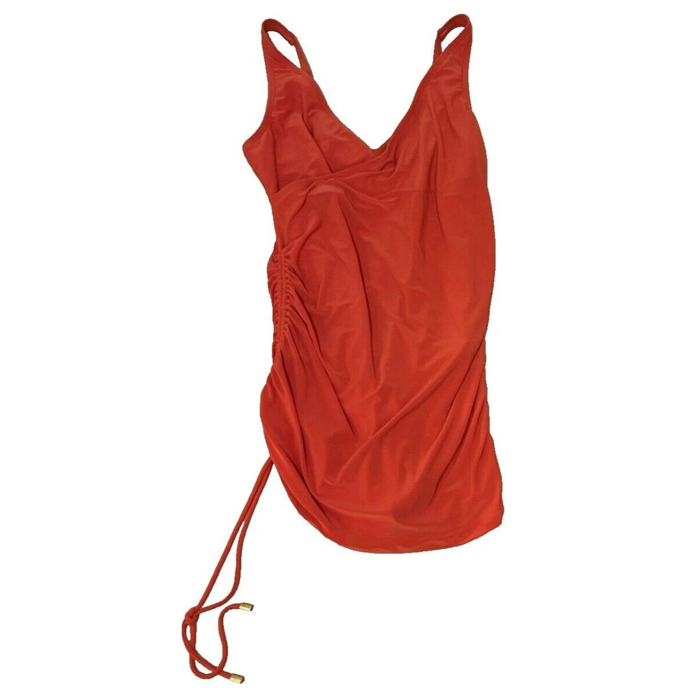 Beyond Control One Piece Rouched Swimsuit Swim Dress Red Orange Womens Sz 14